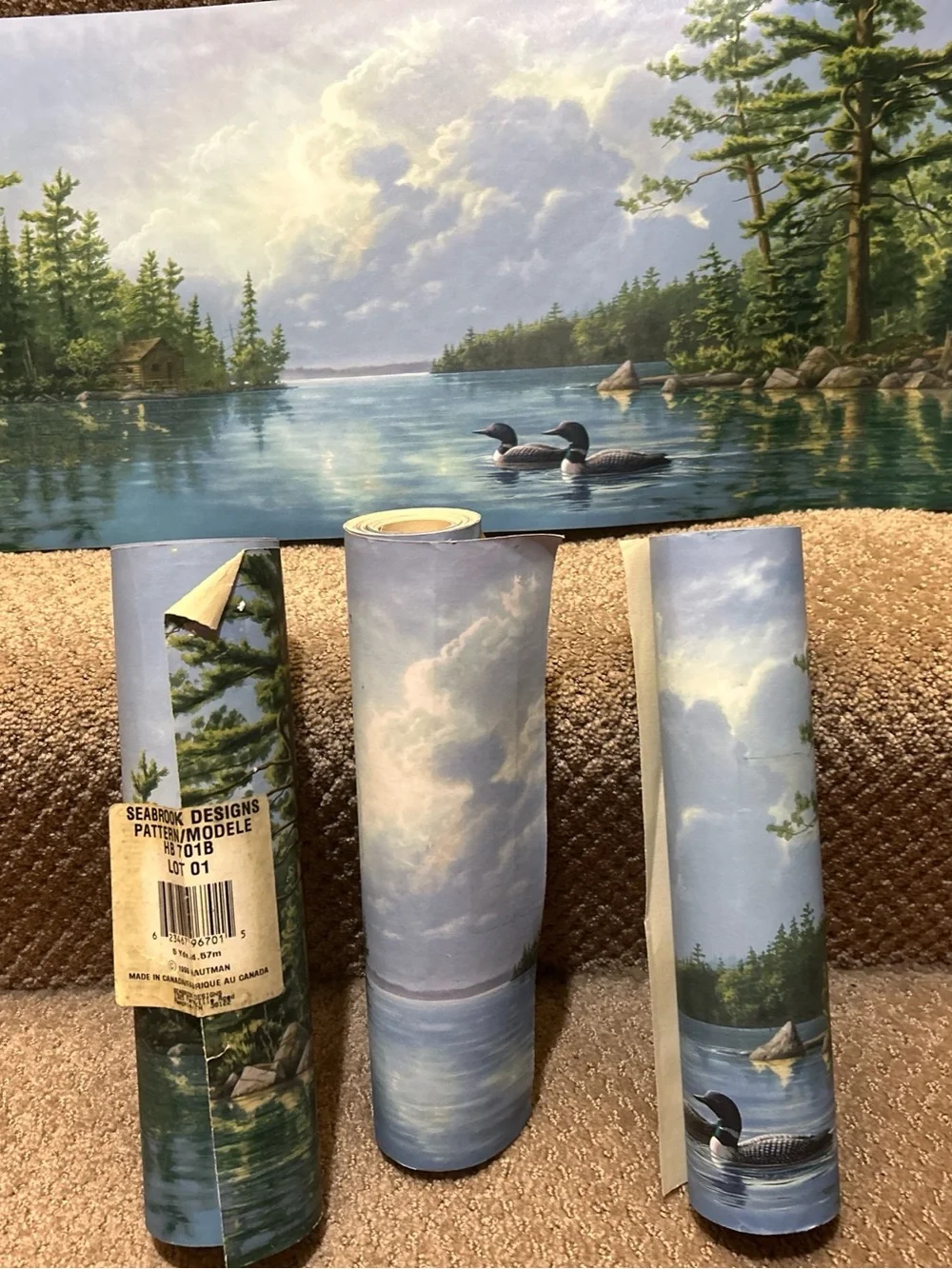 VTG 4 ROLLS SEABROOK DESIGNS CABIN LAKE WATER LOONS TREE WALLPAPER BORDER HB701B